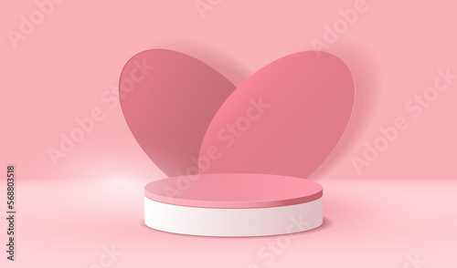 Love happy valentines day design. Red and white cylinder pedestal podium with paper cut heart shape background. Valentine pink minimal scene for display and presentation products. Vector studio. © SidorArt