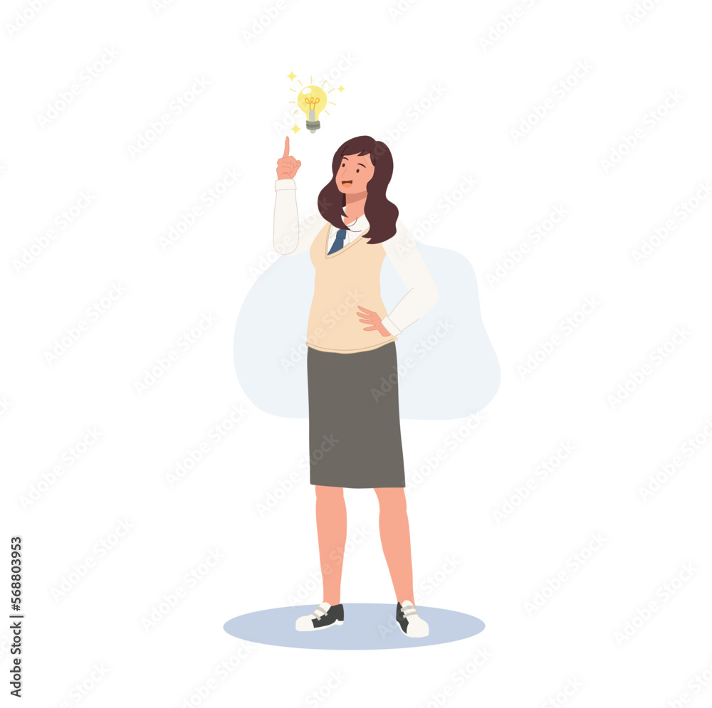 Learning and Education concept. Korean student character. Full length of female student in school uniforms have some new idea. Learning and Education concept. Korean student character. Full length of female student in school uniforms have some new idea.