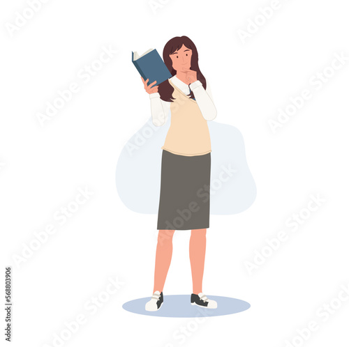 Korean student character. Full length of female student in school uniforms holding a book and thinking something. Learning Education concept.