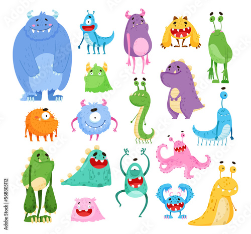 Funny Smiling Toothy Monsters with Horns Big Vector Set