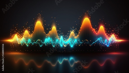 futuristic graphic element of a digital equalizer displaying a dynamic abstract composition of sound waves background, visualizing the pulse frequency modulation of music.