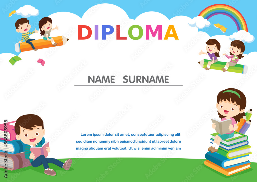 School Kids Diploma certificate background design template Stock Vector