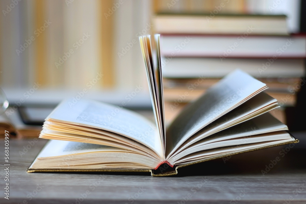Stack of books on the table, reading glasses and e-reader on the table. Bookshelf in the background. Selective focus. Stack of books on the table, reading glasses and e-reader on the table. Bookshelf in the background. Selective focus.