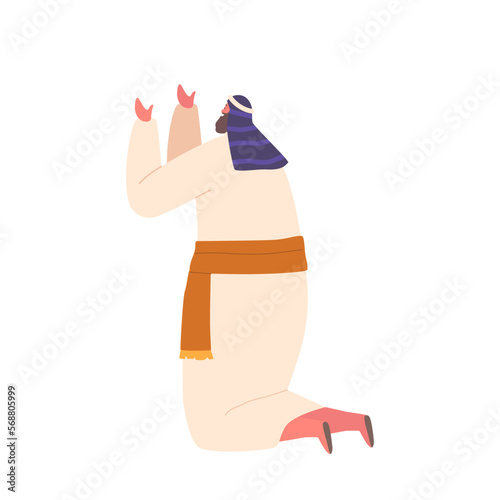 Man Praying to God Standing on Knees. Person Communicates with Creator. Glorification or Request. Vector Illustration