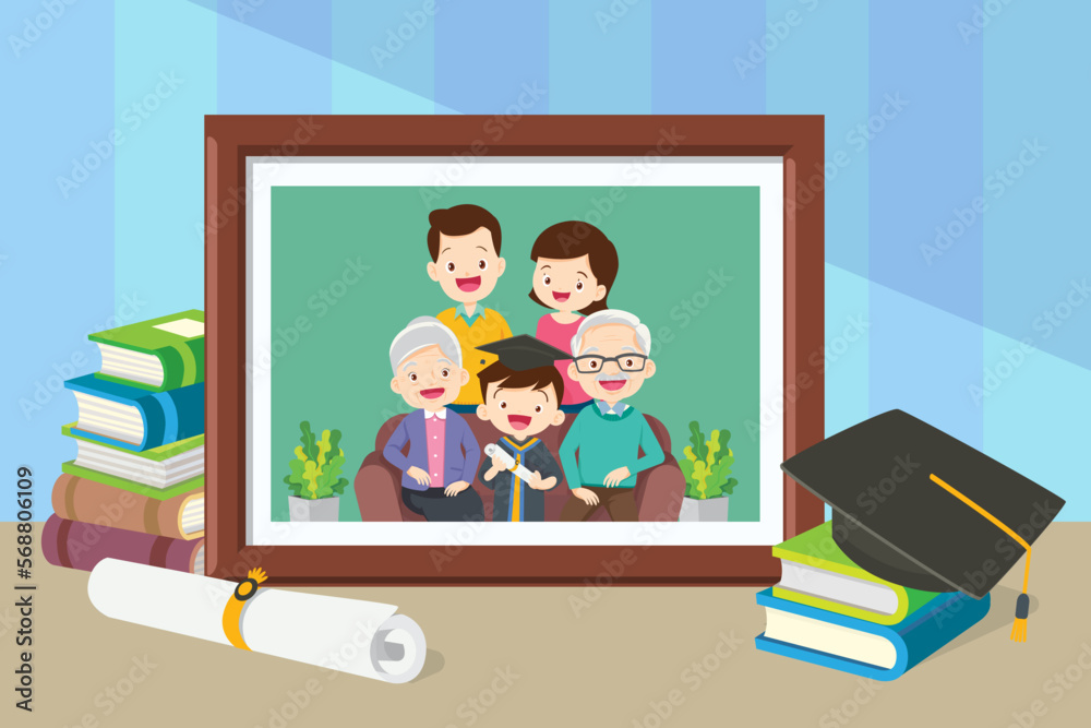 Graduation student boy Happy in photo frame with family Graduation student boy Happy in photo frame with family