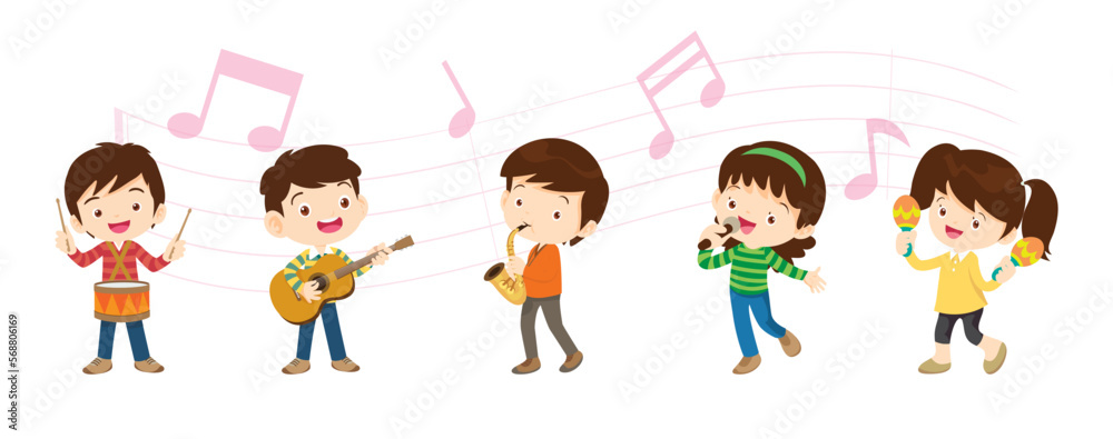 Play music concept of children group.Cartoon dancing kids and kids with musical instruments.cute child musician various actions playing music Play music concept of children group.Cartoon dancing kids and kids with musical instruments.cute child musician various actions playing music