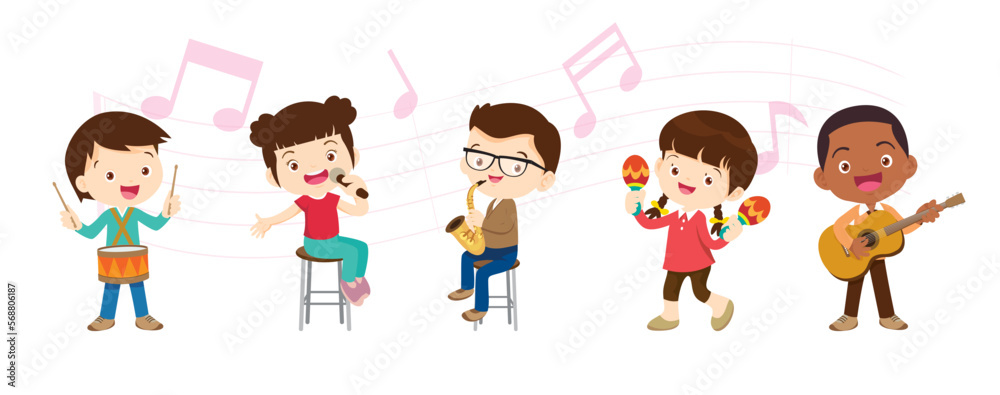 Play music concept of children group.Cartoon dancing kids and kids with musical instruments.cute child musician various actions playing music Play music concept of children group.Cartoon dancing kids and kids with musical instruments.cute child musician various actions playing music