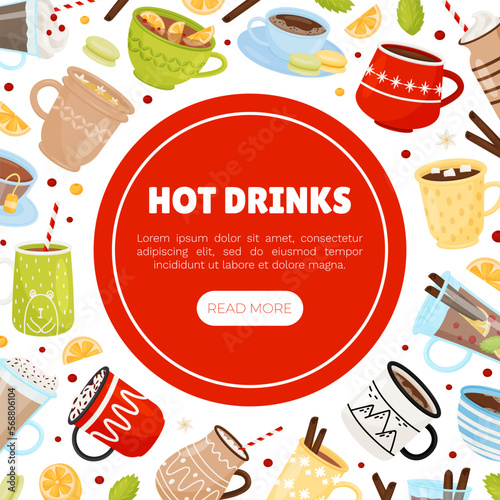 Hot Winter Drinks Banner Design with Mug Vector Template