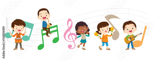 Play music concept of children group.Cartoon dancing kids and kids with musical instruments.cute child musician various actions playing music