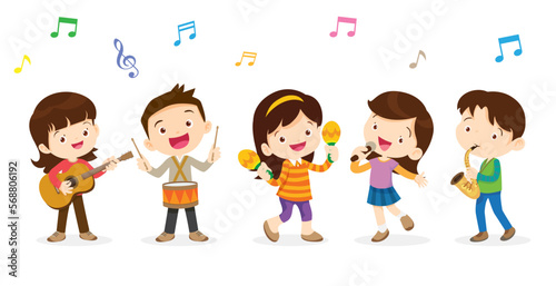 Play music concept of children group.Cartoon dancing kids and kids with musical instruments.cute child musician various actions playing music