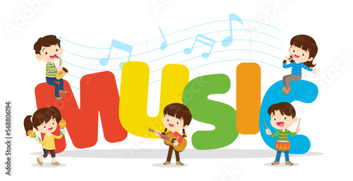 Play music concept of children group.Cartoon dancing kids and kids with musical instruments.cute child musician various actions playing music