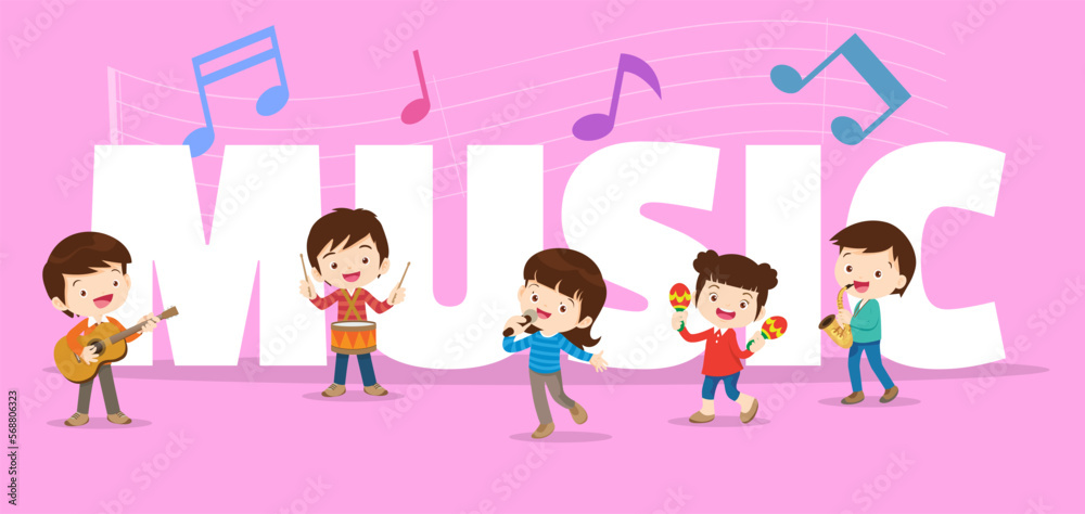 Play music concept of children group.Cartoon dancing kids and kids with musical instruments.cute child musician various actions playing music