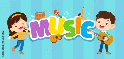 Play music concept of children group.Cartoon dancing kids and kids with musical instruments.cute child musician various actions playing music