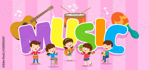 Play music concept of children group.Cartoon dancing kids and kids with musical instruments.cute child musician various actions playing music