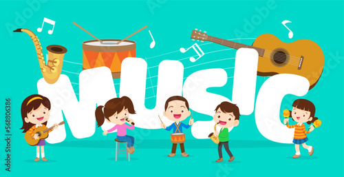Play music concept of children group.Cartoon dancing kids and kids with musical instruments.cute child musician various actions playing music
