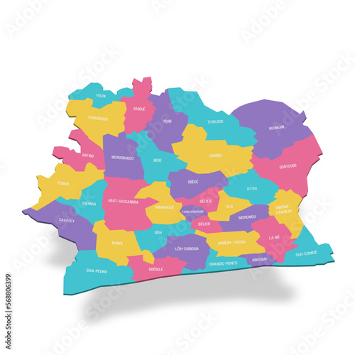 Ivory Coast political map of administrative divisions - regions and autonomous districts. 3D colorful vector map with name labels.