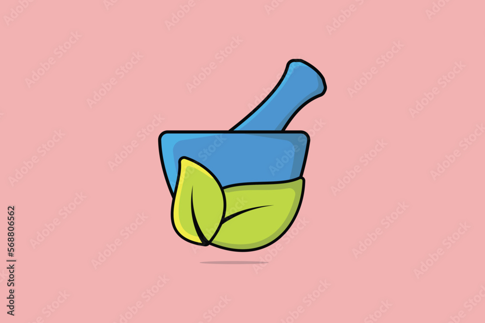 Vecteur Stock Mortar and Pestle with green leaves vector illustration