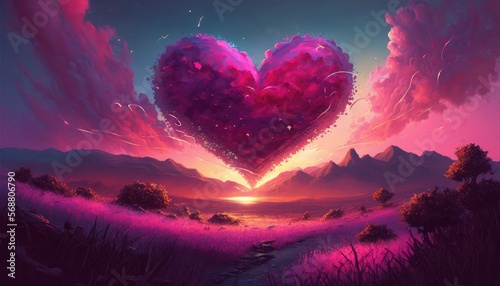 Valentine pink nature landscape cloud of love created with Generative AI technology
