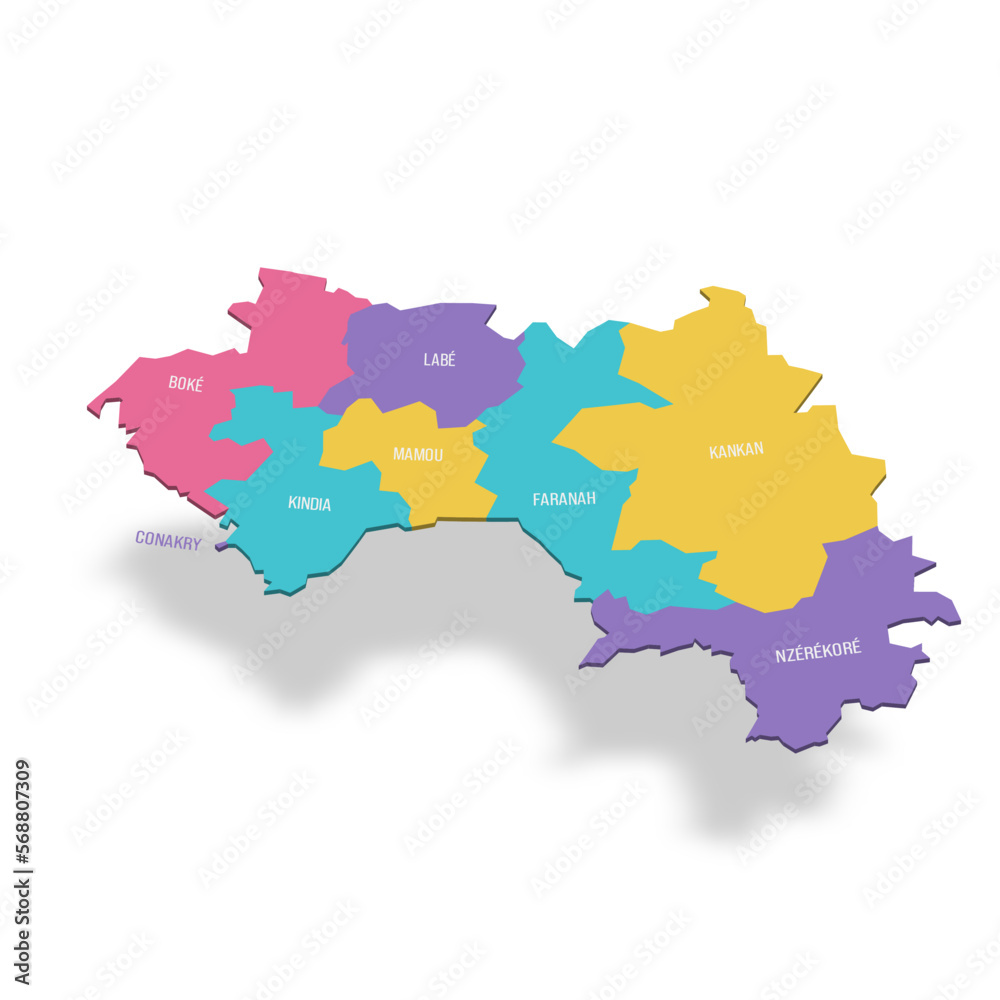 Guinea political map of administrative divisions - regions. 3D colorful vector map with name labels.