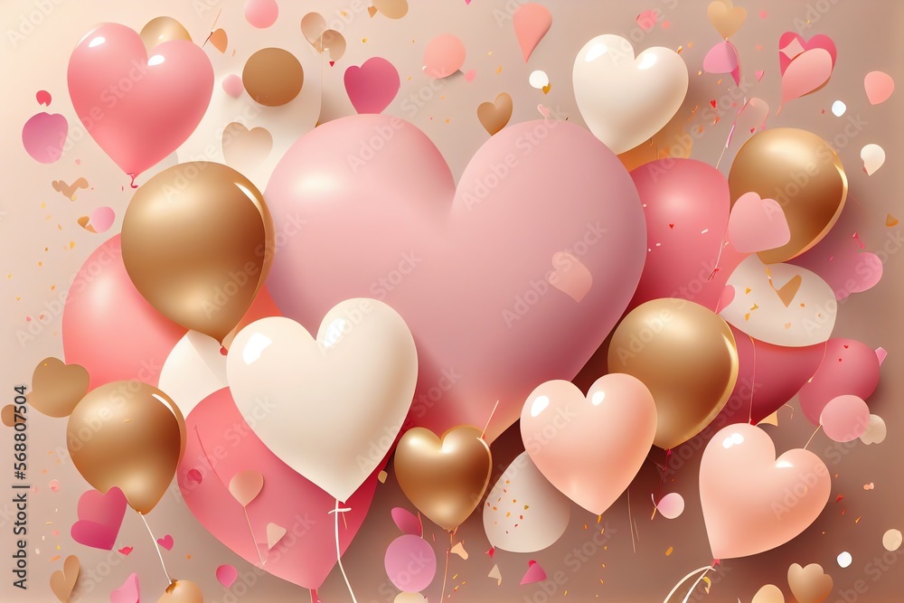 Beautiful abstract wallpaper, background with hearts, balloons, confetti, good for Valentines Day, Mothers day, celebration, party. Generative AI