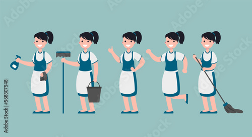 set of Cleaning staff woman in cartoon character  with different actions
