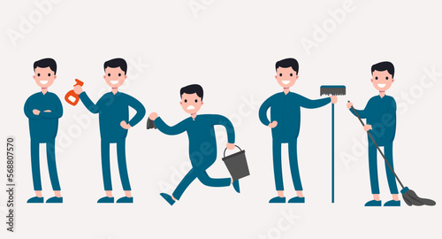 set of Cleaning staff man in cartoon character  with different actions  vector illustration