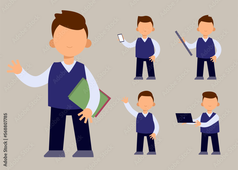 set of  teacher or collegian in cartoon character  with different actions