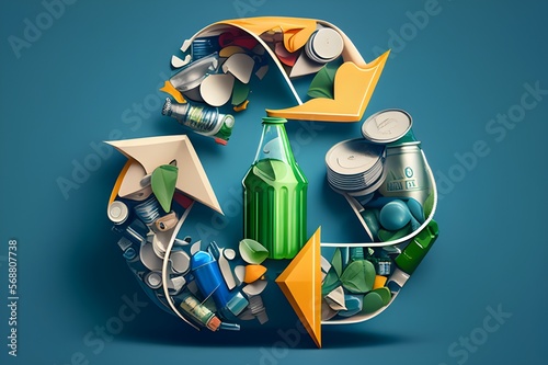 A recycling logo made up of various recyclable items with wire as outline photo
