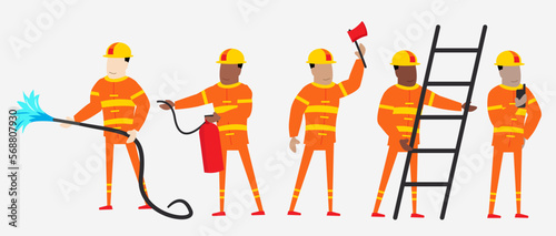 set of  firefighter staff in cartoon character with different actions vector illustration