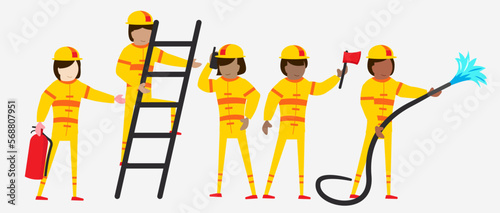 set of  firefighter staff in cartoon character with different actions vector illustration