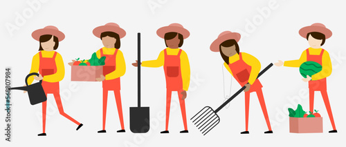 Set of farmer or agriculturist in cartoon character vector illustration