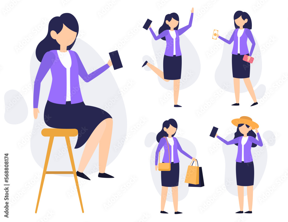 set of woman shopping online in cartoon characters vector set of woman shopping online in cartoon characters vector