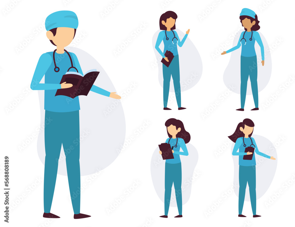 Set of medical personal in cartoon characters different actions vector