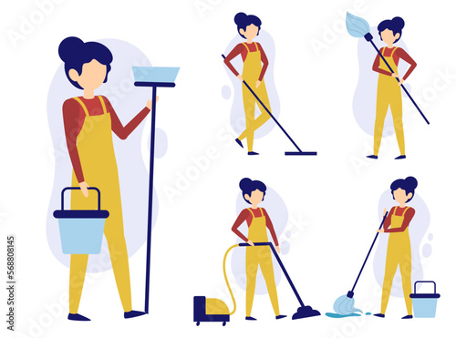 Set of maid or housekeeper in cartoon characters different actions vector
