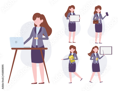 Set of business woman working in cartoon characters vector