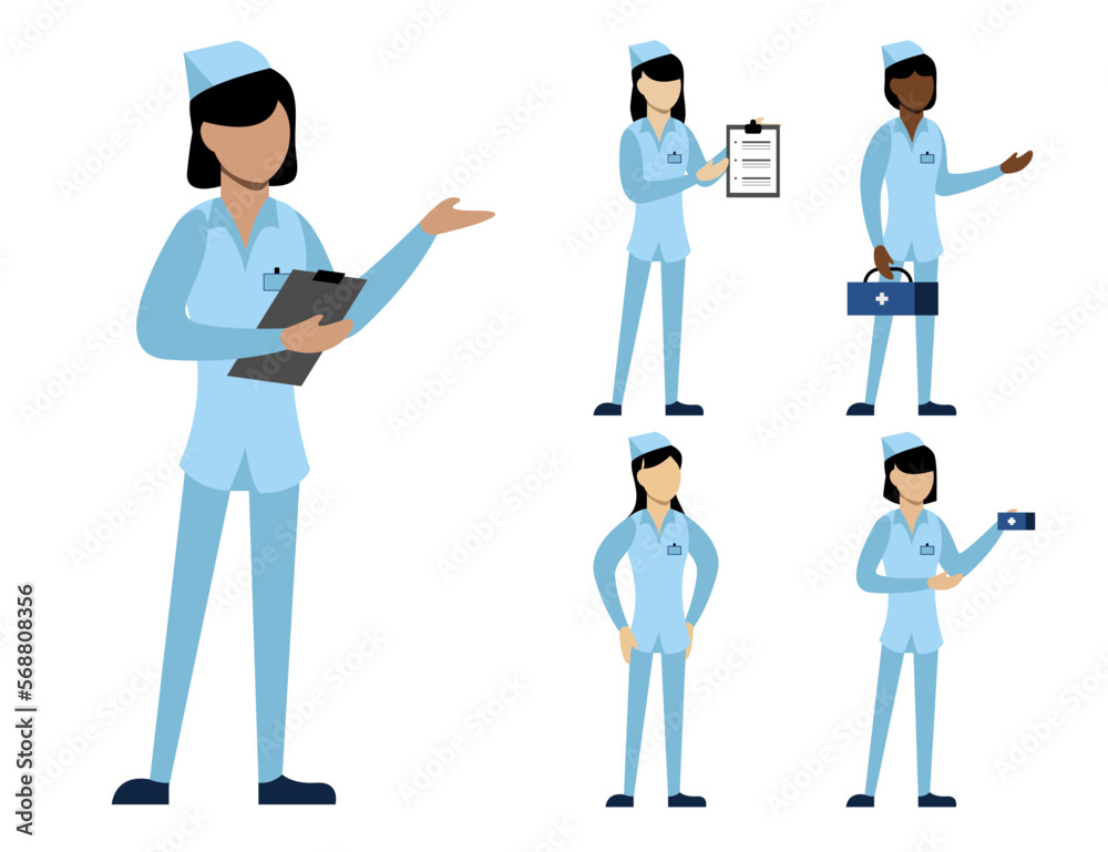 Obraz premium Set of medical personal in cartoon characters different actions vector