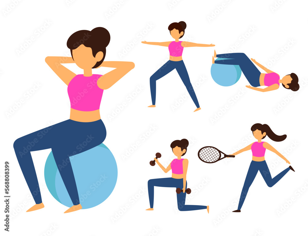 Obraz premium Set of healthy woman exercise in cartoon characters vector