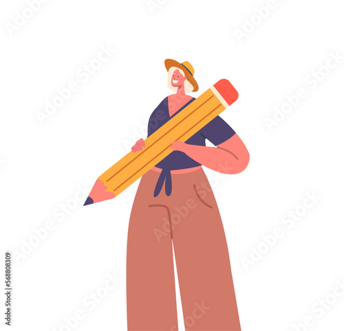 Young Woman Holding Big Pencil. Artist or Designer Character with Professional Tool. Cartoon People Vector Illustration