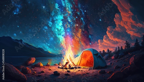 illustration of a camping fire under an amazing blue starry sky with numerous shining stars and clouds, representing an outdoor recreation concept.