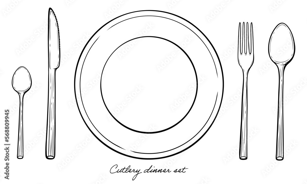 Plate with cutlery set knife spoon fork vector line art illustration Plate with cutlery set knife spoon fork vector line art illustration