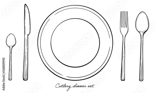 Plate with cutlery set knife spoon fork vector line art illustration
