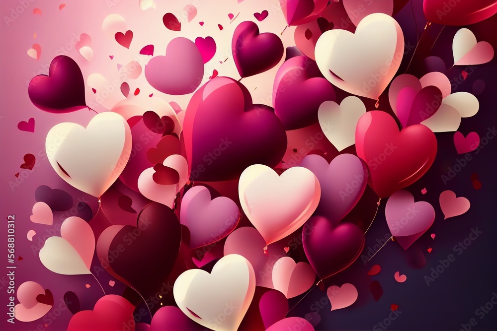 Beautiful abstract wallpaper, background with hearts, balloons, confetti, good for Valentines Day, Mothers day, celebration, party. Generative AI