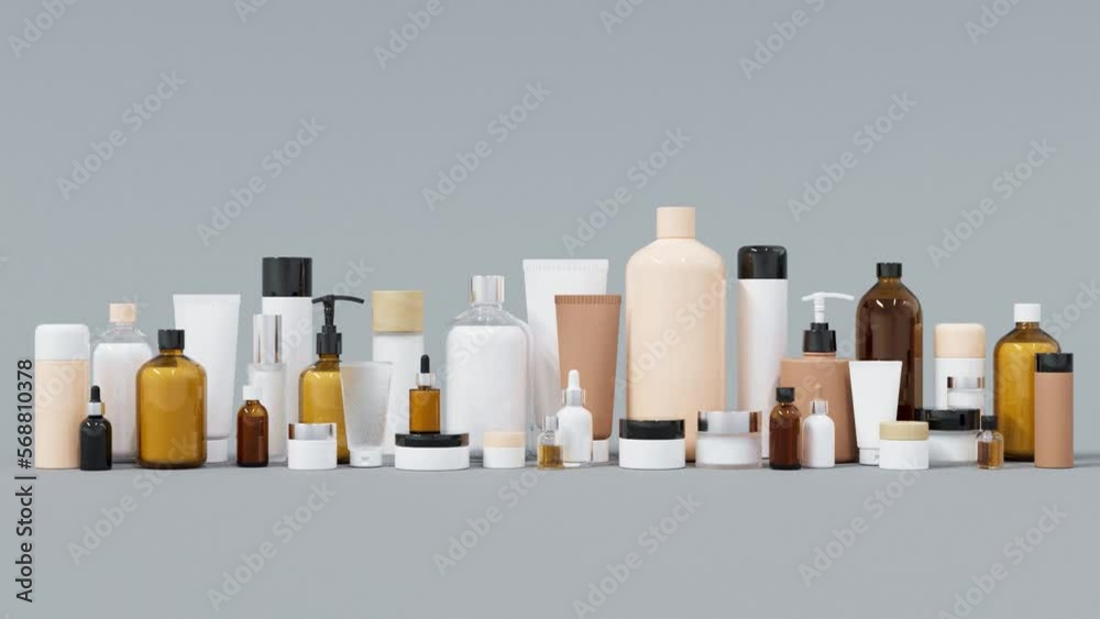 Group of different cosmetic bottles and jars 3D render
