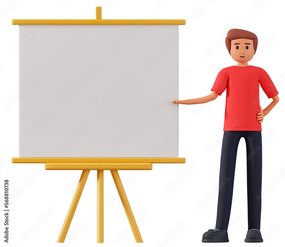 3d illustration of business man pointing to presentation board isolated on white background. 3d young male character pointing to the white board