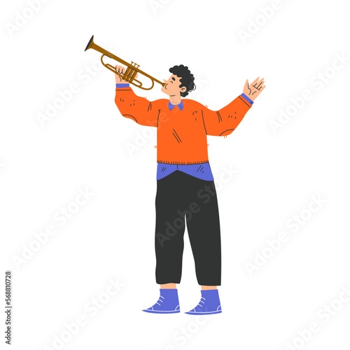 Happy Musical Teen Boy Character Standing and Playing Trumpet Vector Illustration