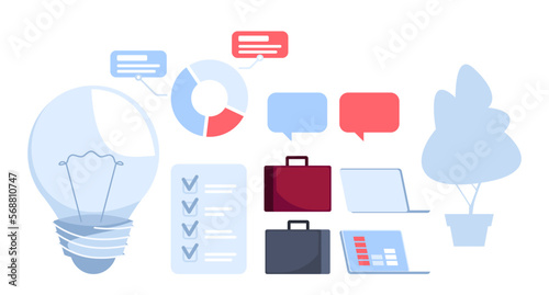 Set of Office Items Chart, Task List, Email. Briefcase, Laptop, Lamp and Plant Icons. Subjects of Busy People