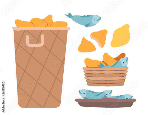 Baskets and Tray with Blessed Food. Fish and Bread Icons Set. Biblical Story about Miracle. Cartoon Vector Illustration