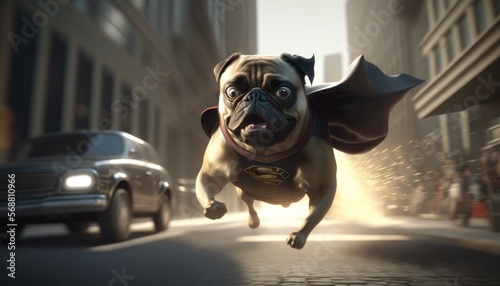 Funny photo of French pug breed dog wearing superhero costume flying in city through