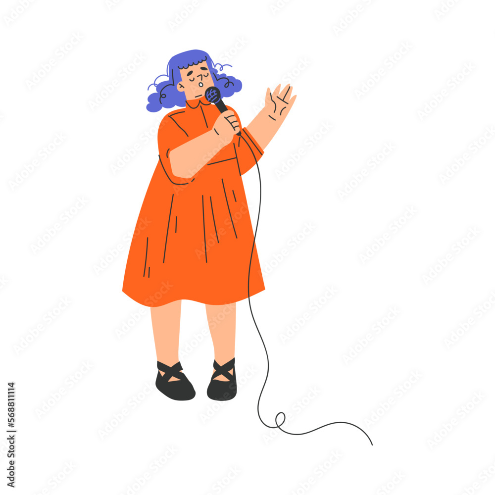 Happy Musical Teen Girl Character Standing and Singing with Microphone Vector Illustration