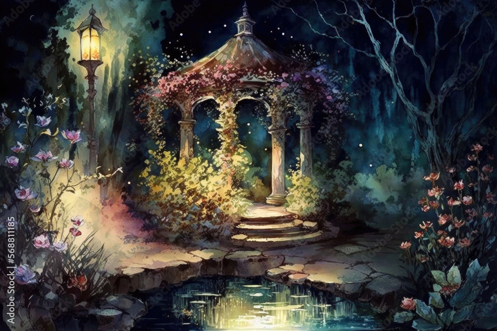 Enchanted garden at night, fairy tale-like, watercolor Background. Generative AI illustration